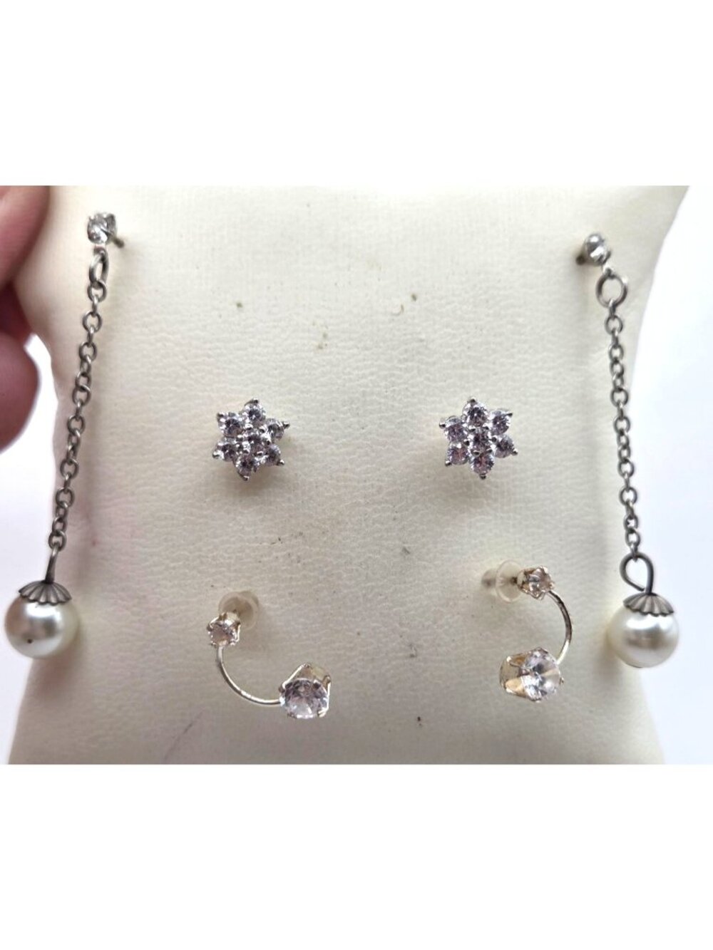 Set Of 3 Silver-Tone Earrings With Cubic Zirconia Starburst Studs Drop Pearls &